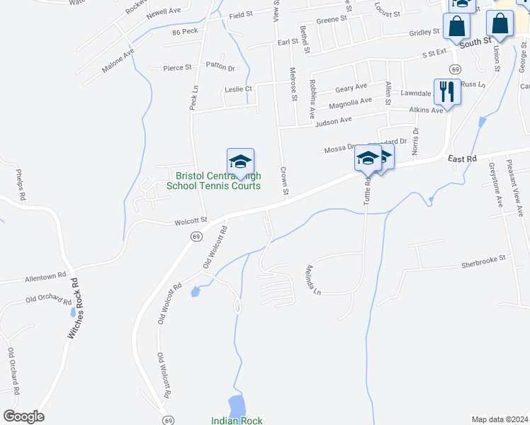map of restaurants, bars, coffee shops, grocery stores, and more near 492 Connecticut 69 in Bristol