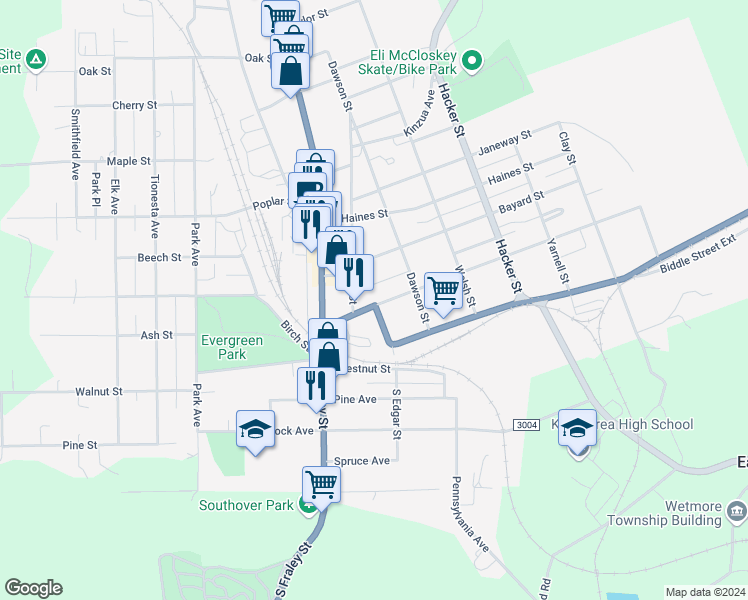 map of restaurants, bars, coffee shops, grocery stores, and more near 108 South Edgar Street in Kane