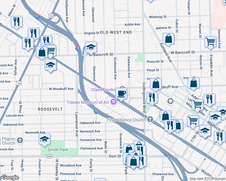 map of restaurants, bars, coffee shops, grocery stores, and more near 1900 Scottwood Avenue in Toledo