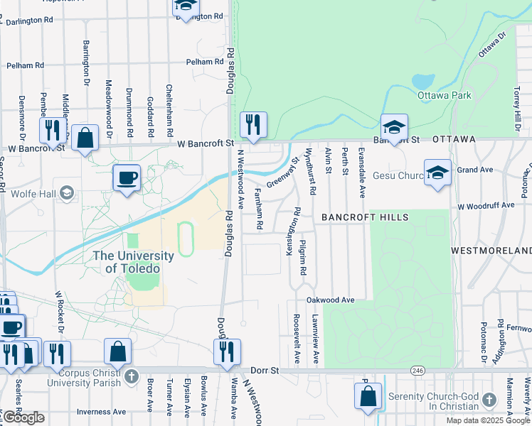 map of restaurants, bars, coffee shops, grocery stores, and more near 1914 Fernhill Road in Toledo