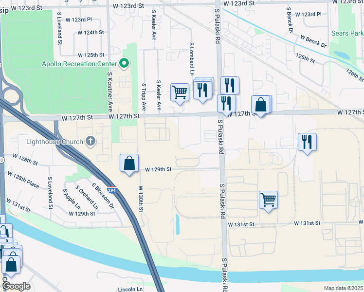 map of restaurants, bars, coffee shops, grocery stores, and more near 5104-12802 West 129th Street in Alsip