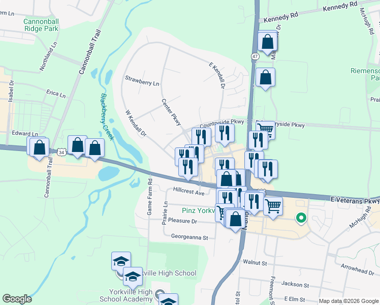 map of restaurants, bars, coffee shops, grocery stores, and more near 510 West Kendall Drive in Yorkville