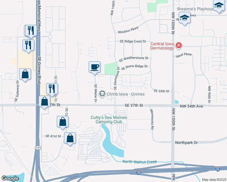 map of restaurants, bars, coffee shops, grocery stores, and more near 3600 Southeast Glenstone Drive in Grimes