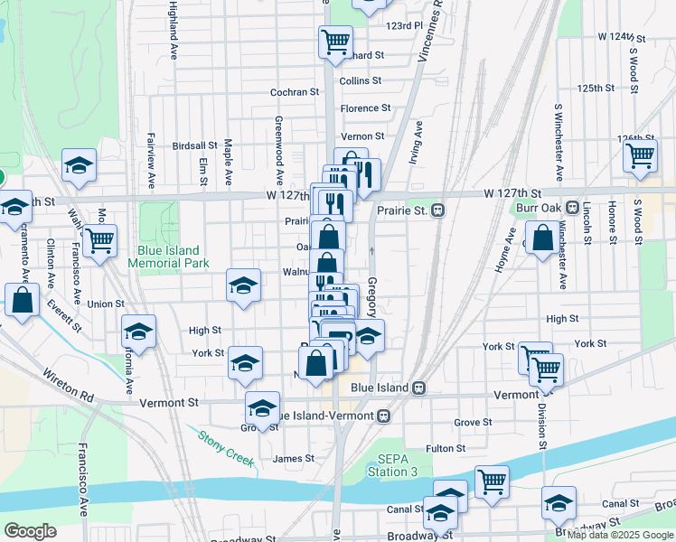 map of restaurants, bars, coffee shops, grocery stores, and more near 12821 Western Avenue in Blue Island