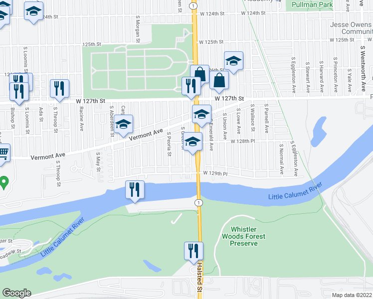 map of restaurants, bars, coffee shops, grocery stores, and more near 12861 South Green Street in Chicago