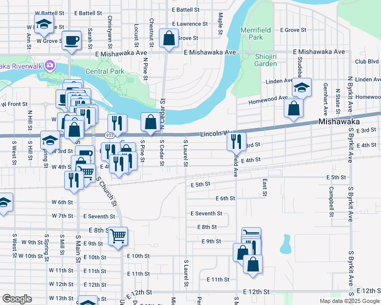 map of restaurants, bars, coffee shops, grocery stores, and more near 705 East 3rd Street in Mishawaka
