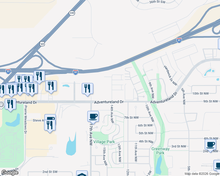 map of restaurants, bars, coffee shops, grocery stores, and more near 1625 Adventureland Drive in Altoona