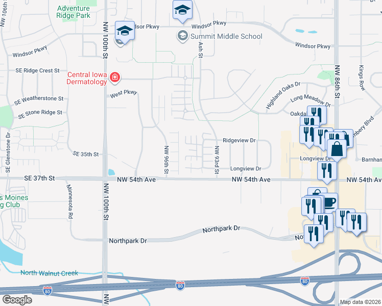 map of restaurants, bars, coffee shops, grocery stores, and more near 5462 Longview Court in Johnston