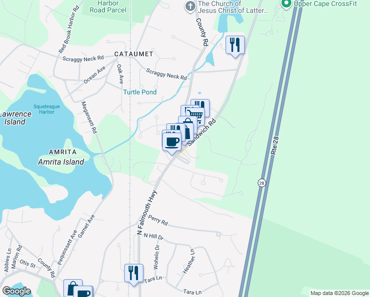 map of restaurants, bars, coffee shops, grocery stores, and more near 1379 Route 28A in Bourne