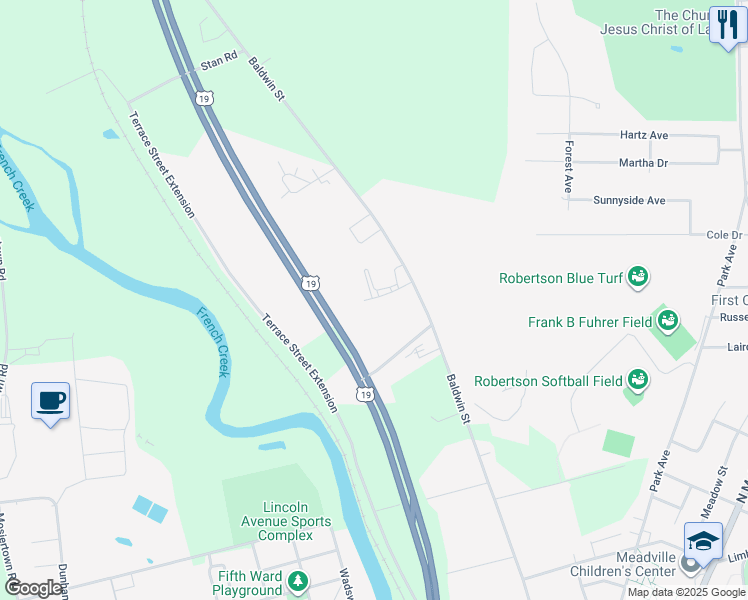 map of restaurants, bars, coffee shops, grocery stores, and more near in Meadville