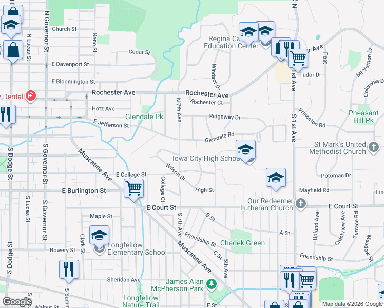 map of restaurants, bars, coffee shops, grocery stores, and more near 107 S Lowell St in Iowa City