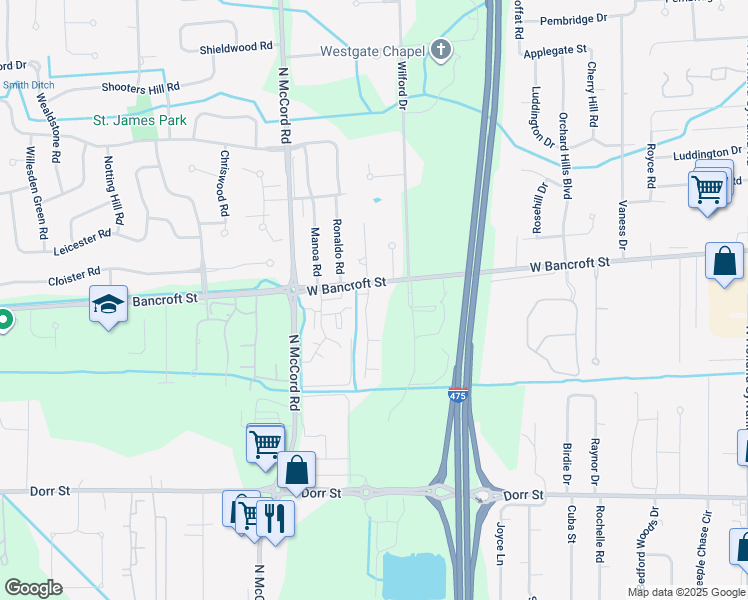 map of restaurants, bars, coffee shops, grocery stores, and more near 2140 Country Trace Place in Toledo