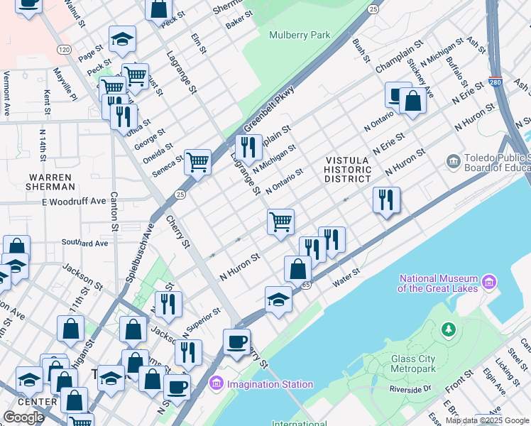 map of restaurants, bars, coffee shops, grocery stores, and more near 922 North Erie Street in Toledo