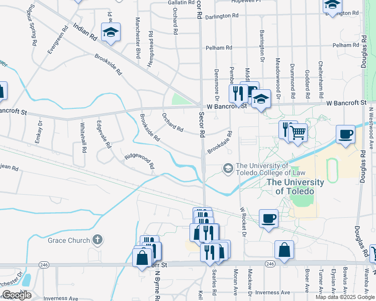 map of restaurants, bars, coffee shops, grocery stores, and more near 3336 Brookside Road in Toledo