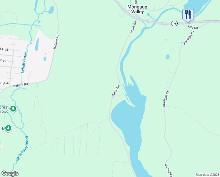 map of restaurants, bars, coffee shops, grocery stores, and more near 122 Plank Road in Mongaup Valley