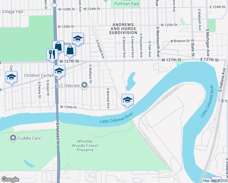 map of restaurants, bars, coffee shops, grocery stores, and more near 12848 South Eggleston Avenue in Chicago