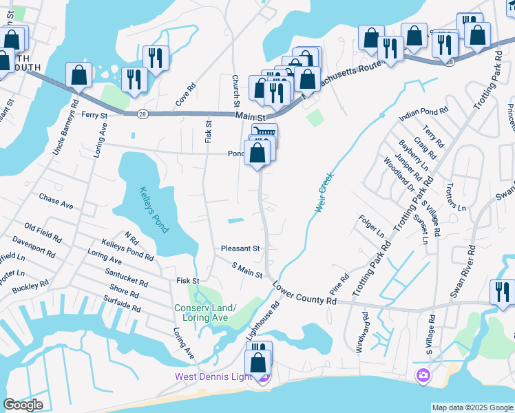map of restaurants, bars, coffee shops, grocery stores, and more near 149 School Street in Dennis