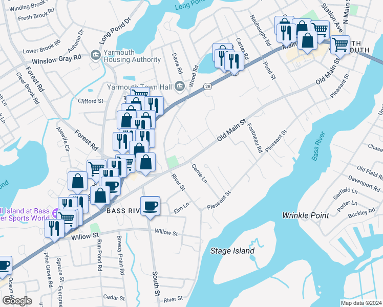 map of restaurants, bars, coffee shops, grocery stores, and more near 103 Old Main Street in Yarmouth