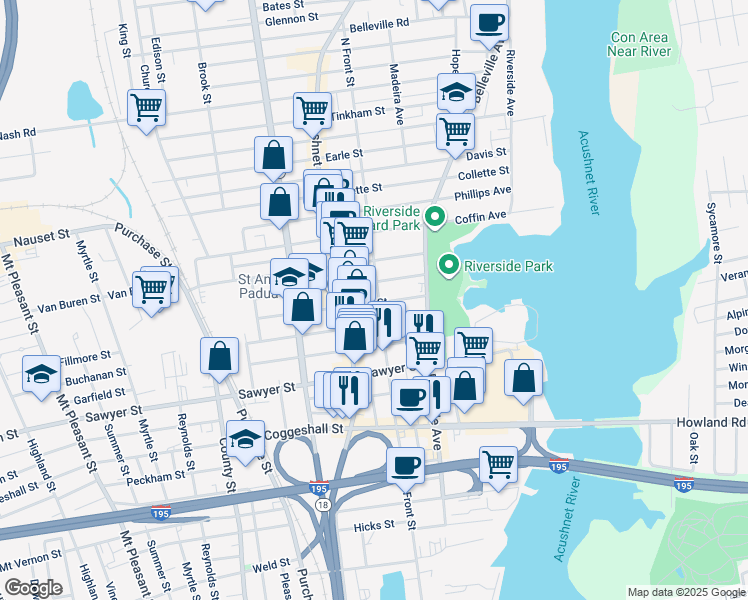 map of restaurants, bars, coffee shops, grocery stores, and more near 39 Tallman Street in New Bedford