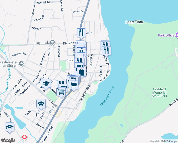 map of restaurants, bars, coffee shops, grocery stores, and more near 146 Duke Street in East Greenwich