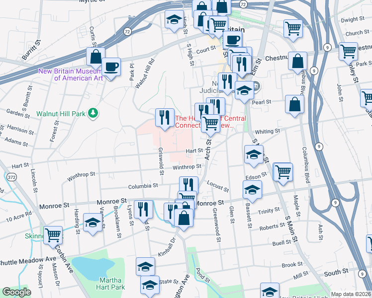 map of restaurants, bars, coffee shops, grocery stores, and more near 27 Winthrop Street in New Britain