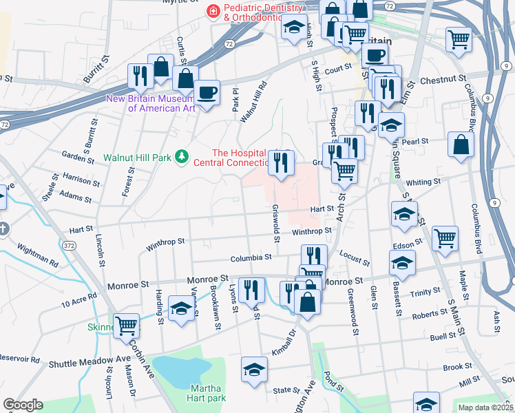 map of restaurants, bars, coffee shops, grocery stores, and more near 146 Hart Street in New Britain