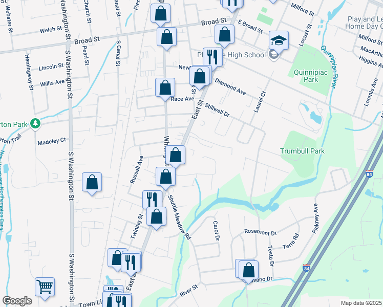 map of restaurants, bars, coffee shops, grocery stores, and more near Connecticut 10 in Plainville