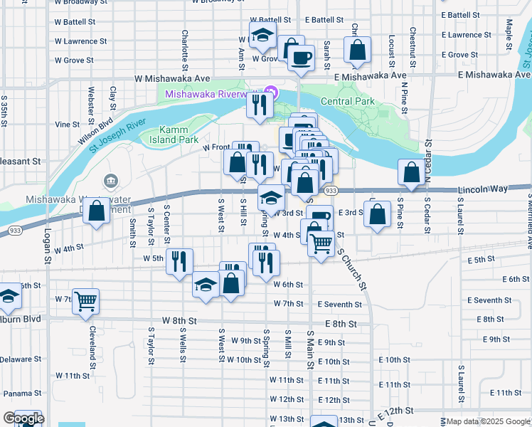 map of restaurants, bars, coffee shops, grocery stores, and more near 320 West 4th Street in Mishawaka