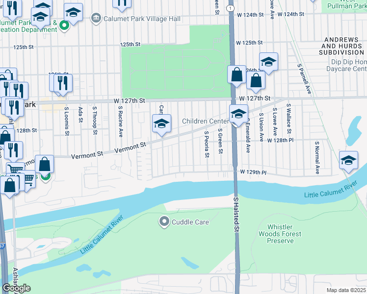 map of restaurants, bars, coffee shops, grocery stores, and more near 12842 South Morgan Street in Chicago