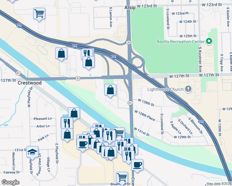 map of restaurants, bars, coffee shops, grocery stores, and more near 4900 West 128th Place in Alsip