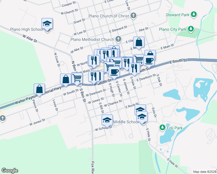 map of restaurants, bars, coffee shops, grocery stores, and more near 308 South Hugh Street in Plano
