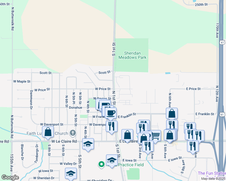 map of restaurants, bars, coffee shops, grocery stores, and more near 508 North 1st Street in Eldridge