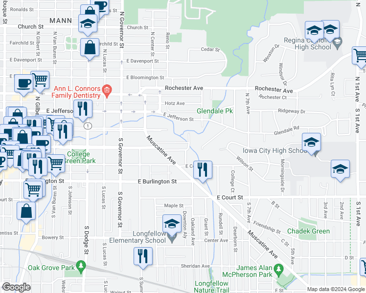 map of restaurants, bars, coffee shops, grocery stores, and more near 1127 East Washington Street in Iowa City