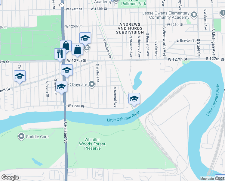 map of restaurants, bars, coffee shops, grocery stores, and more near 12902 South Normal Avenue in Chicago