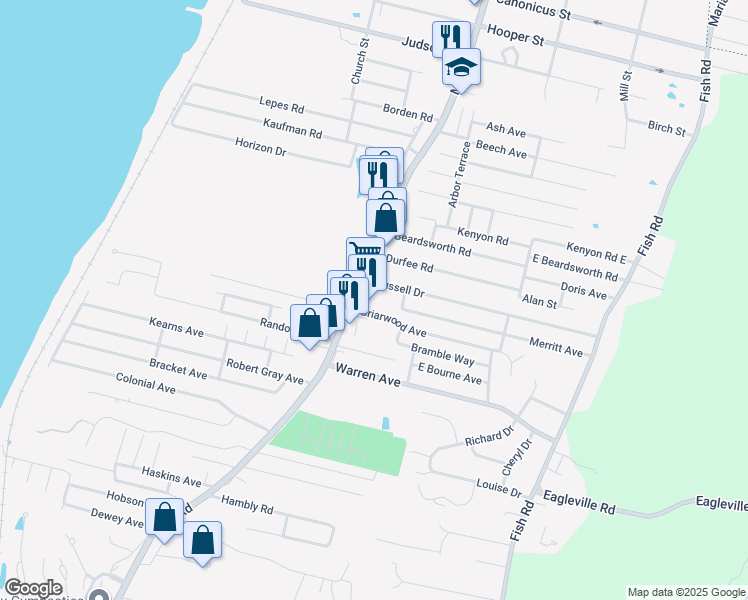 map of restaurants, bars, coffee shops, grocery stores, and more near 494 Main Road in Tiverton