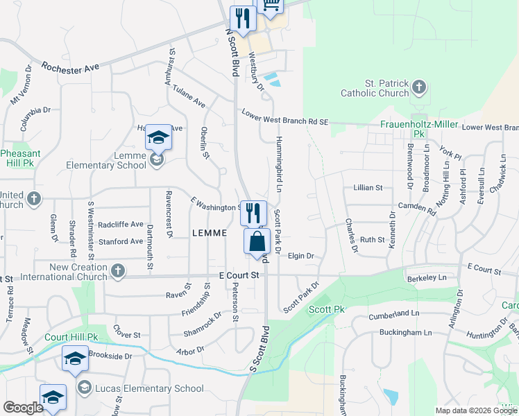map of restaurants, bars, coffee shops, grocery stores, and more near 111 South Scott Boulevard in Iowa City