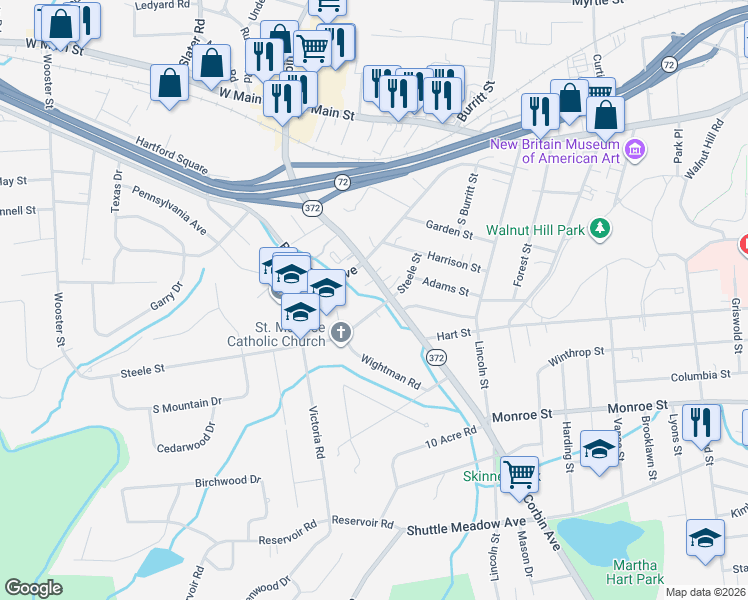 map of restaurants, bars, coffee shops, grocery stores, and more near 77 Steele Street in New Britain