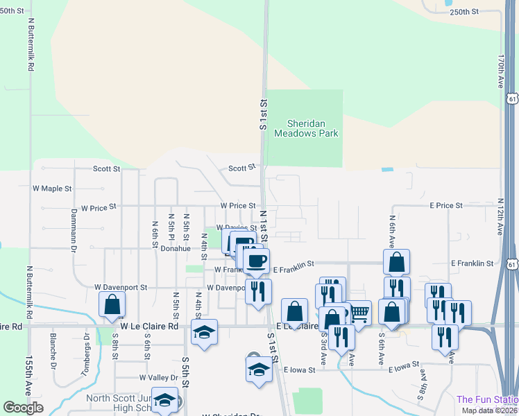 map of restaurants, bars, coffee shops, grocery stores, and more near 508 North 1st Street in Eldridge
