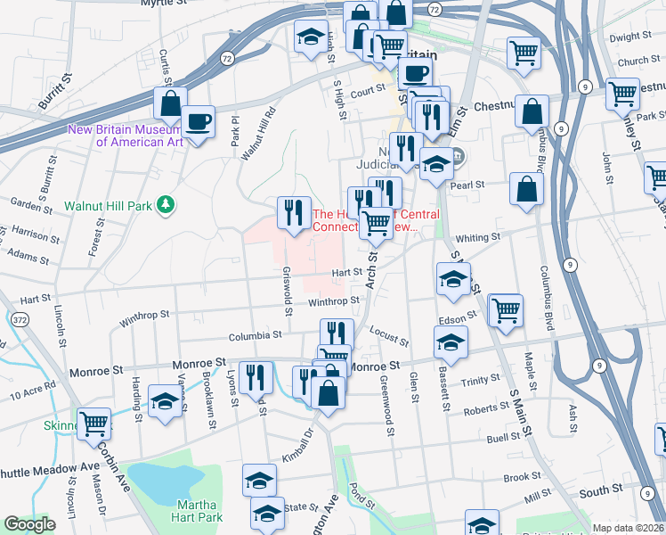map of restaurants, bars, coffee shops, grocery stores, and more near 27 Winthrop Street in New Britain