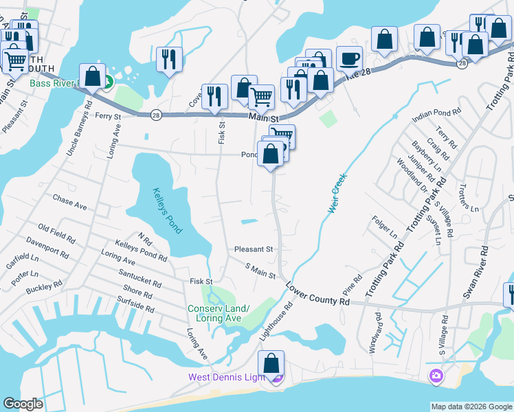 map of restaurants, bars, coffee shops, grocery stores, and more near 48 Sea Gull Lane in Dennis