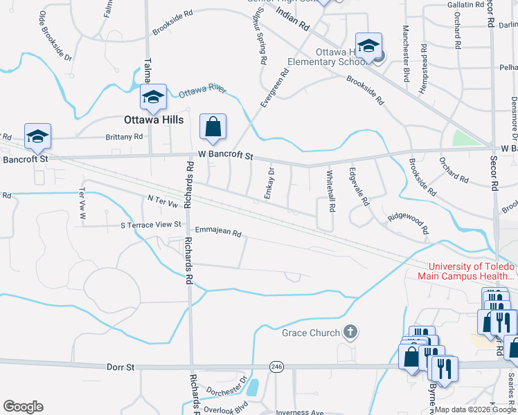 map of restaurants, bars, coffee shops, grocery stores, and more near 1910 Richards Road in Toledo
