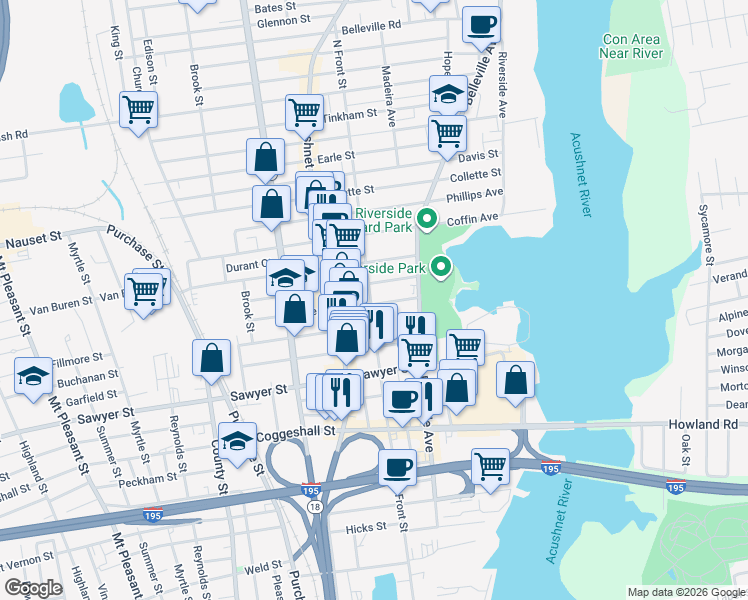 map of restaurants, bars, coffee shops, grocery stores, and more near 39 Tallman Street in New Bedford