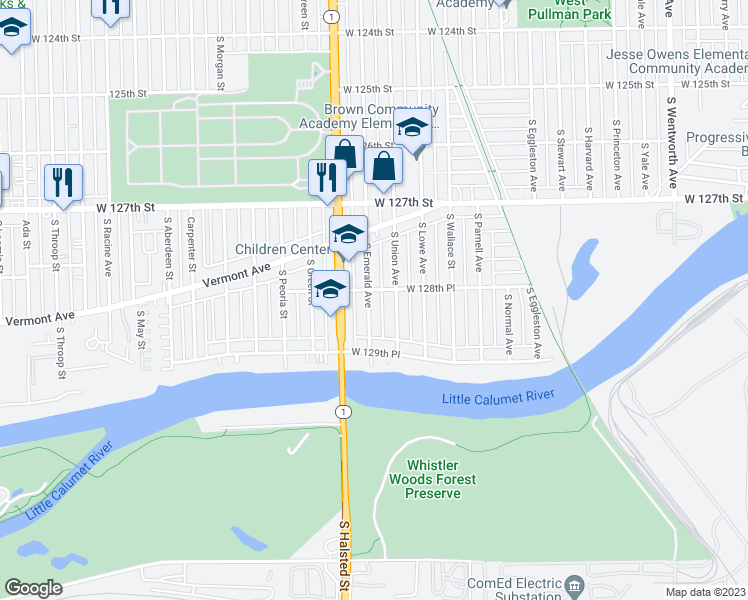 map of restaurants, bars, coffee shops, grocery stores, and more near 12843 South Emerald Avenue in Chicago