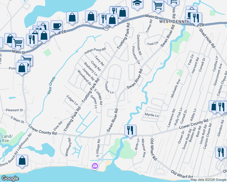 map of restaurants, bars, coffee shops, grocery stores, and more near 5 Race Way in Dennis