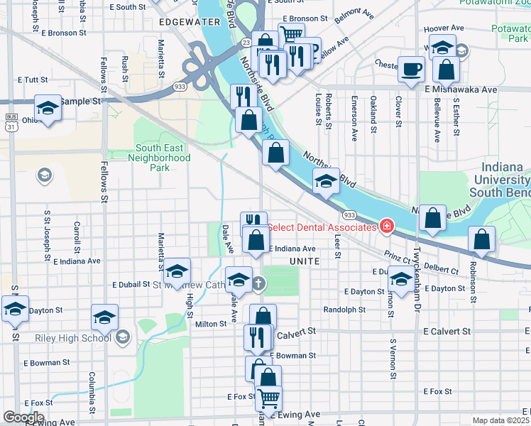 map of restaurants, bars, coffee shops, grocery stores, and more near 1402 Miami Street in South Bend