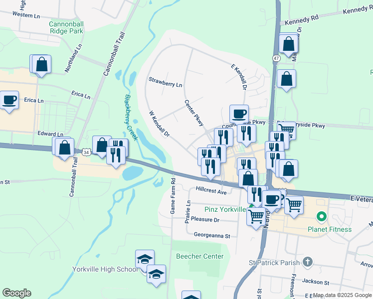 map of restaurants, bars, coffee shops, grocery stores, and more near 76 W Countryside Pkwy in Yorkville