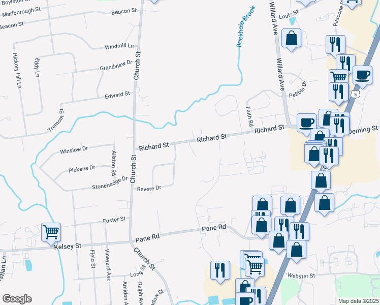 map of restaurants, bars, coffee shops, grocery stores, and more near 17 Coronado Drive in Newington