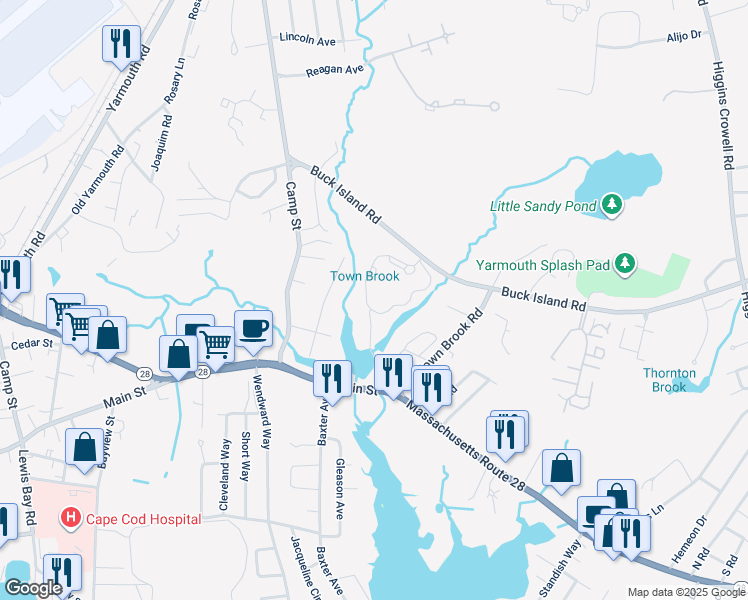map of restaurants, bars, coffee shops, grocery stores, and more near 27 Mill Pond Road in Yarmouth
