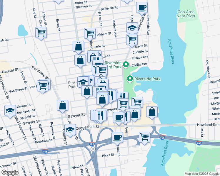 map of restaurants, bars, coffee shops, grocery stores, and more near 39 Tallman Street in New Bedford
