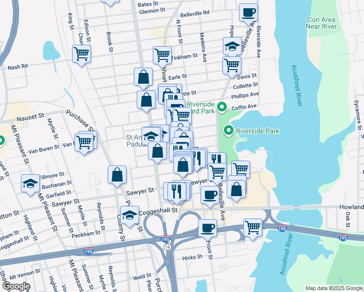 map of restaurants, bars, coffee shops, grocery stores, and more near 1325 Acushnet Avenue in New Bedford